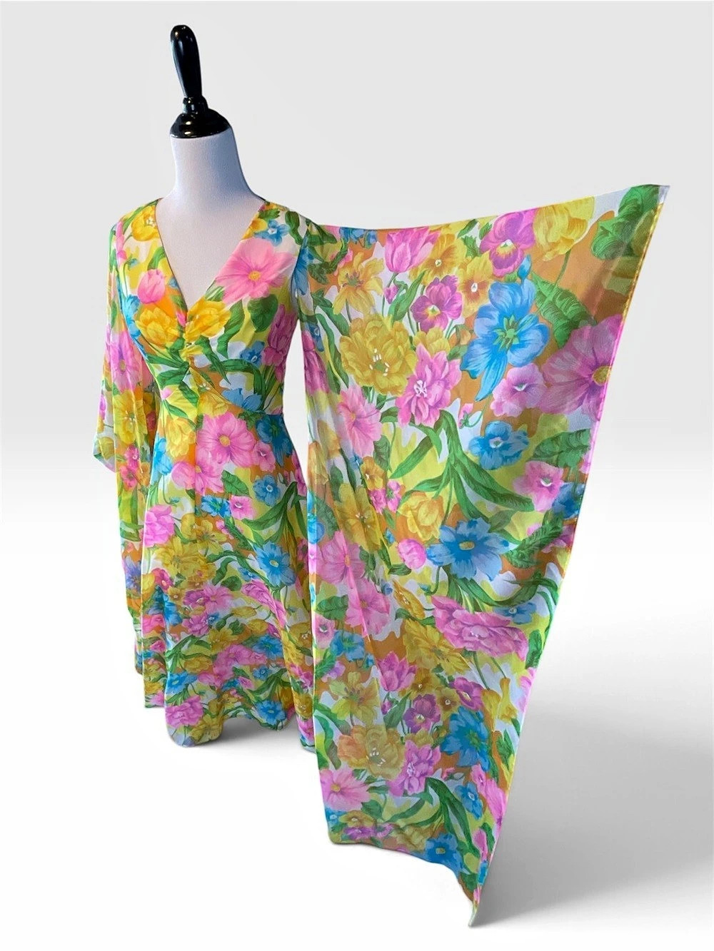 Vintage Floral Sheer Chiffon Maxi Gown with Kimono Sleeves